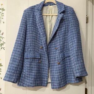 Light Blue Checkered Blazer with Notched Lapels